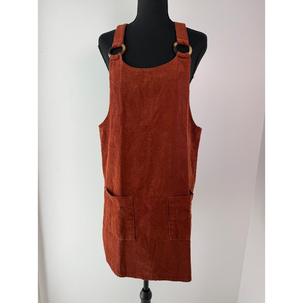 Rust Orange Corduroy Pinafore Mini Dress with Ring Straps